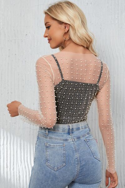 Pearl Long Sleeve Mesh Cropped Top - Women’s Clothing & Accessories - Shirts & Tops - 3 - 2024