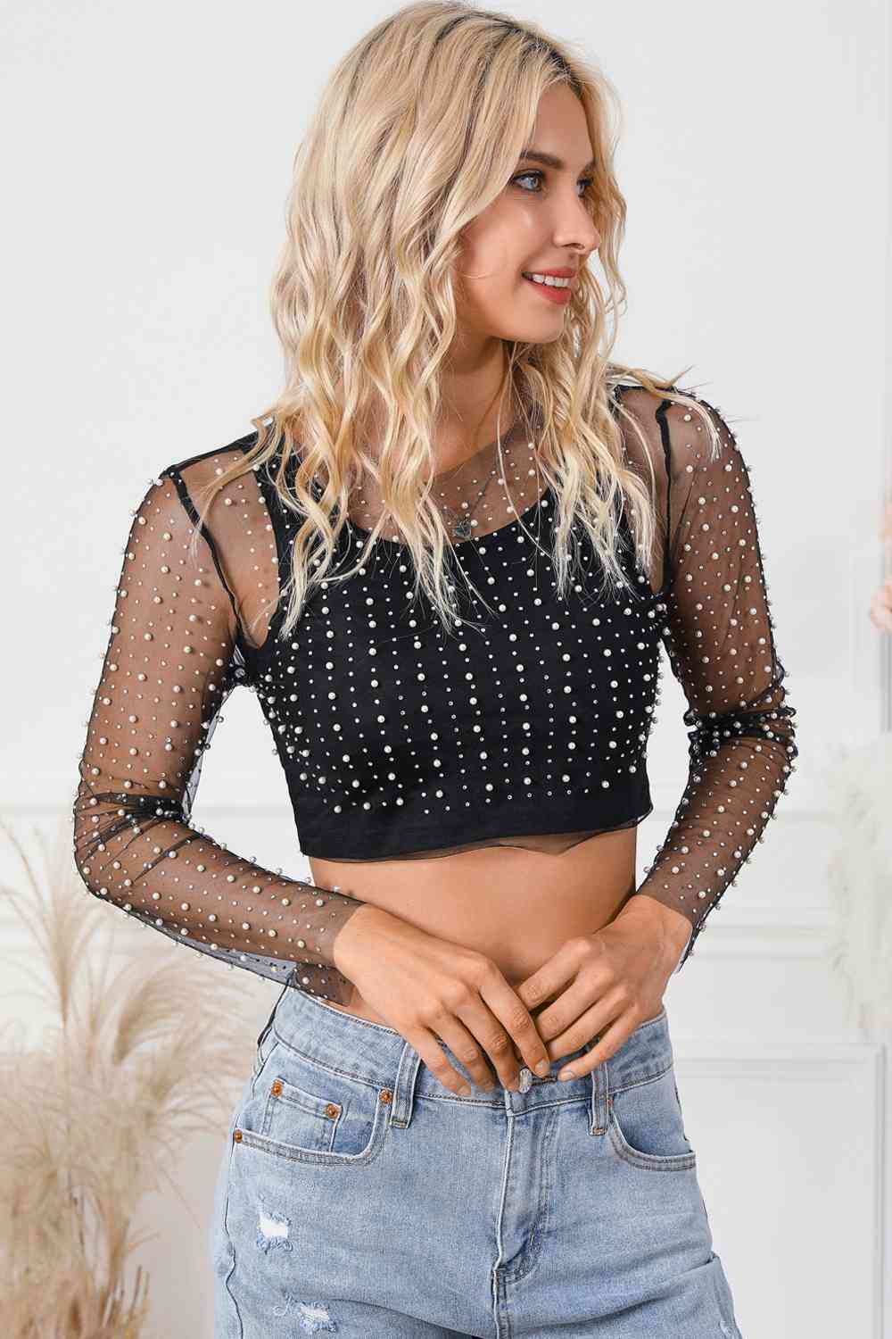 Pearl Long Sleeve Mesh Cropped Top - Black / S - Women’s Clothing & Accessories - Shirts & Tops - 8 - 2024