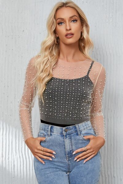 Pearl Long Sleeve Mesh Cropped Top - Women’s Clothing & Accessories - Shirts & Tops - 2 - 2024