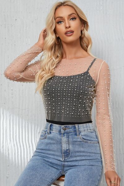 Pearl Long Sleeve Mesh Cropped Top - White / S - Women’s Clothing & Accessories - Shirts & Tops - 1 - 2024