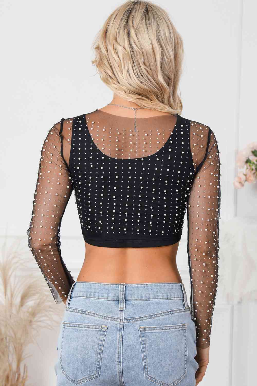 Pearl Long Sleeve Mesh Cropped Top - Women’s Clothing & Accessories - Shirts & Tops - 9 - 2024