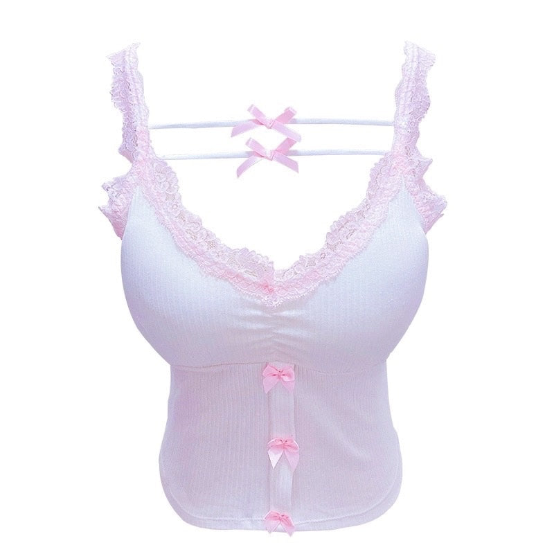 Pink Crop Top - Cute Lace Trim with Bow Decoration - White / One Size - Women’s Clothing & Accessories - Shirts &