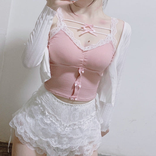Pink Crop Top - Cute Lace Trim with Bow Decoration - Women’s Clothing & Accessories - Shirts & Tops - 1 - 2024