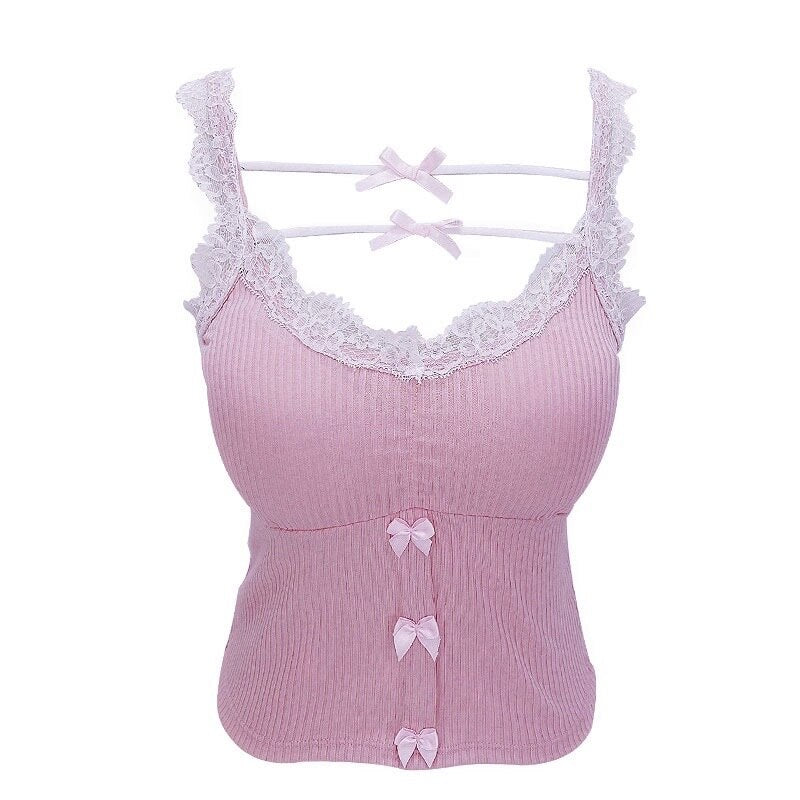 Pink Crop Top - Cute Lace Trim with Bow Decoration - Women’s Clothing & Accessories - Shirts & Tops - 4 - 2024