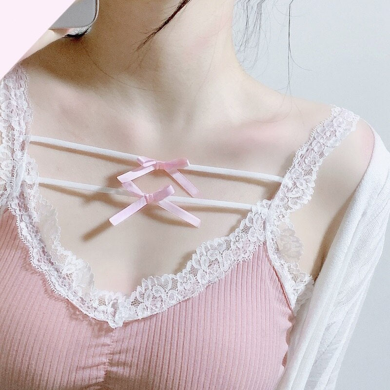 Pink Crop Top - Cute Lace Trim with Bow Decoration - Women’s Clothing & Accessories - Shirts & Tops - 3 - 2024
