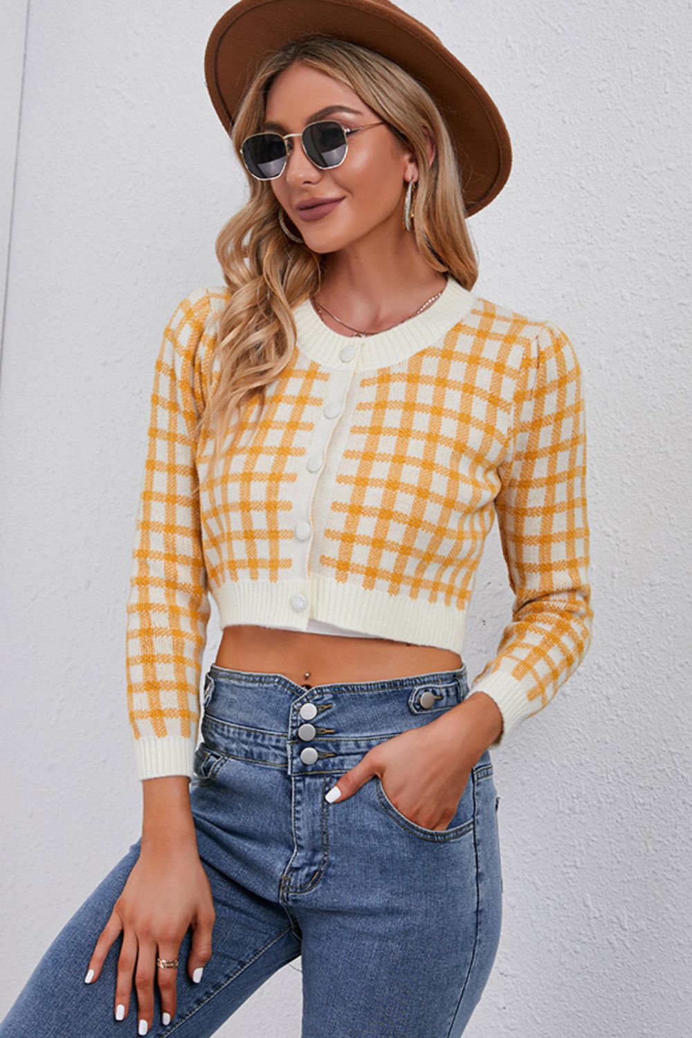 Plaid Buttoned Cropped Cardigan - Yellow / One Size - Women’s Clothing & Accessories - Shirts & Tops - 3 - 2024