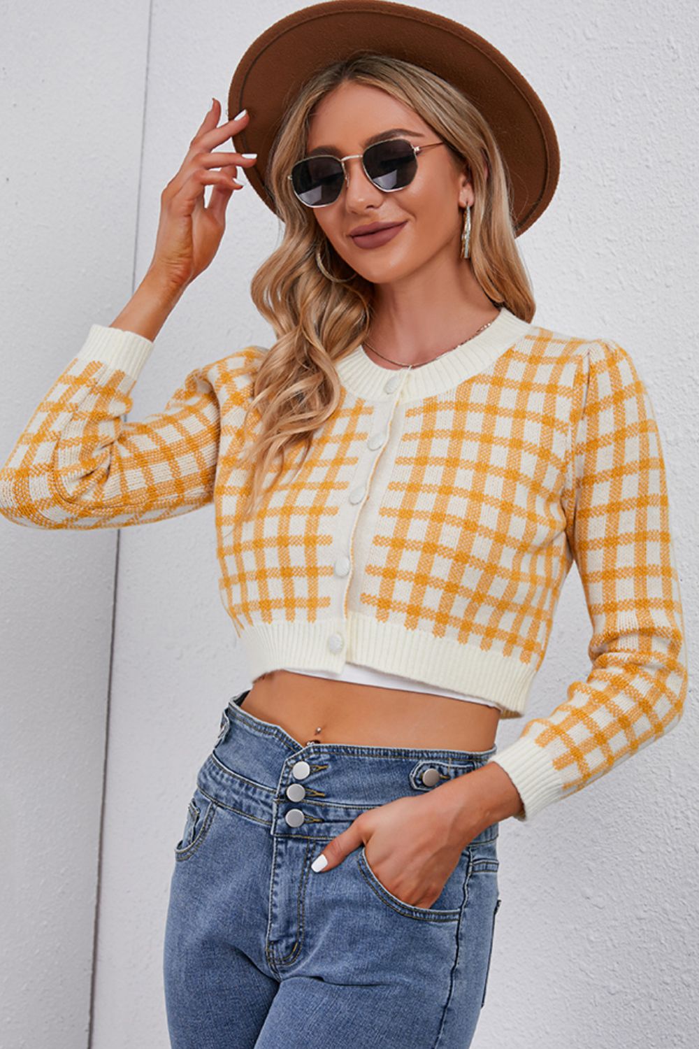 Plaid Buttoned Cropped Cardigan - Yellow / One Size - Women’s Clothing & Accessories - Shirts & Tops - 1 - 2024