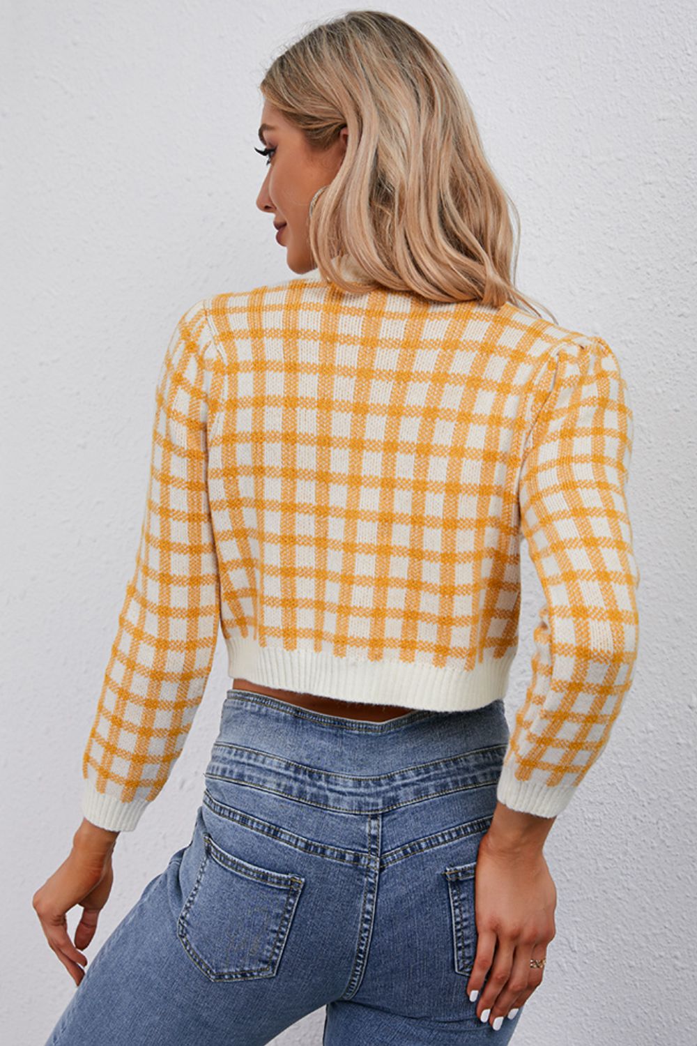Plaid Buttoned Cropped Cardigan - Yellow / One Size - Women’s Clothing & Accessories - Shirts & Tops - 2 - 2024