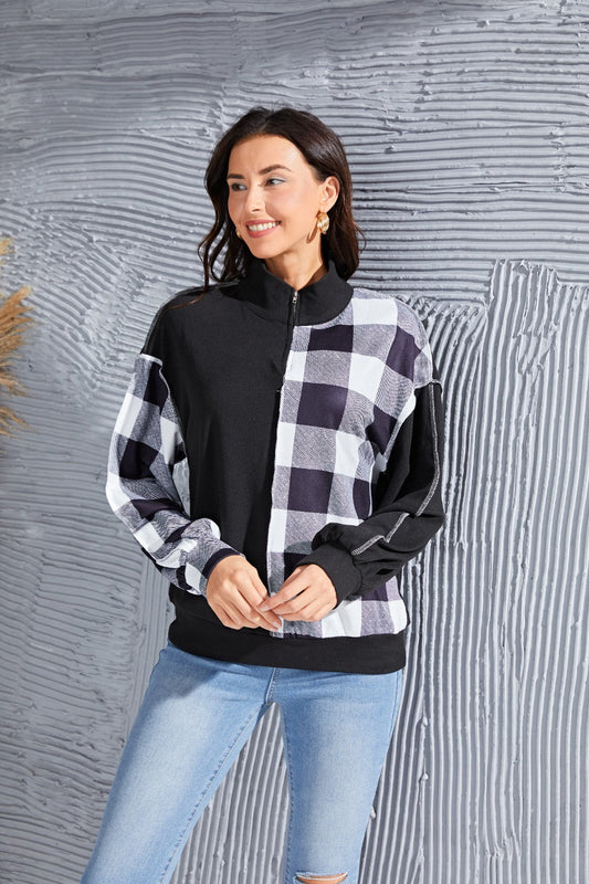 Plaid Exposed Seam Long Sleeve Blouse - Black / S - Women’s Clothing & Accessories - Shirts & Tops - 1 - 2024