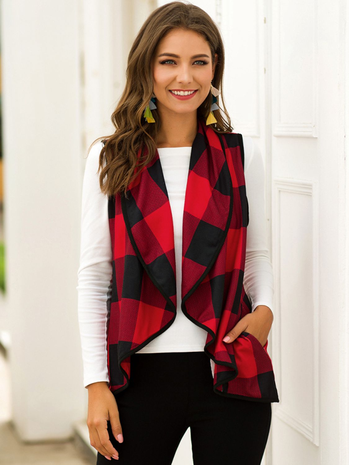 Plaid Open Front Sleeveless Cardigan - Women’s Clothing & Accessories - Shirts & Tops - 8 - 2024