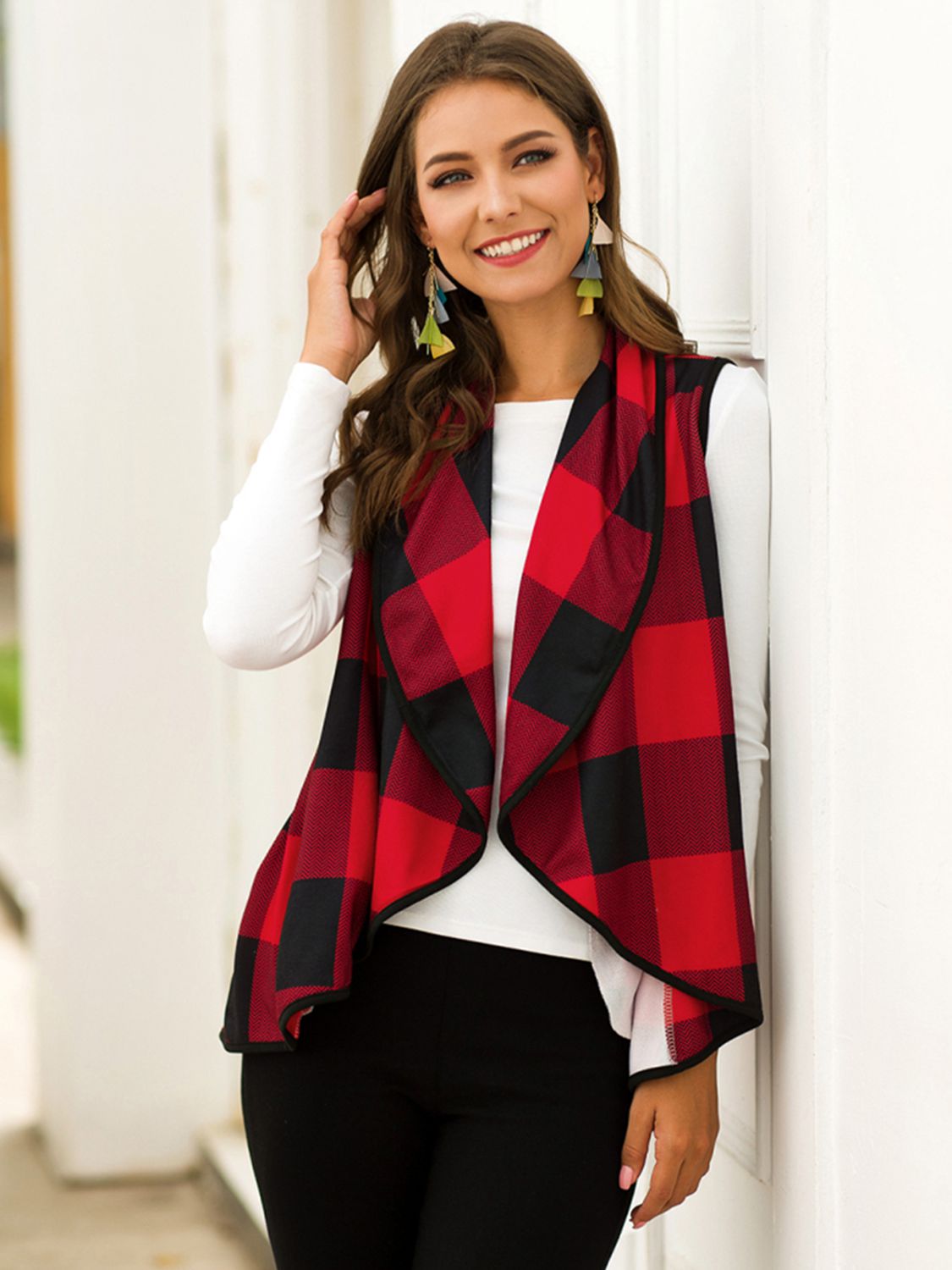 Plaid Open Front Sleeveless Cardigan - Red / S - Women’s Clothing & Accessories - Shirts & Tops - 6 - 2024