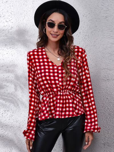 Plaid V-Neck Balloon Sleeve Peplum Blouse - Deep Red / S - Women’s Clothing & Accessories - Shirts & Tops - 1 - 2024