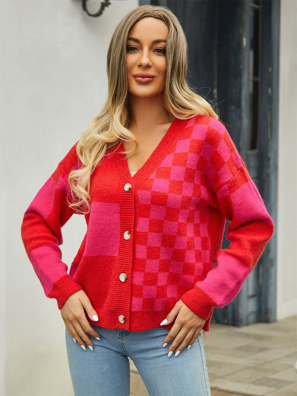 Plaid V-Neck Dropped Shoulder Cardigan - Women’s Clothing & Accessories - Shirts & Tops - 4 - 2024