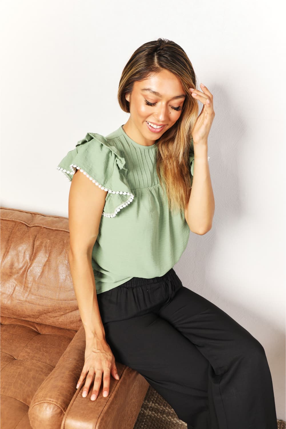 Pleated Detail Flutter Sleeve Blouse - Women’s Clothing & Accessories - Shirts & Tops - 4 - 2024