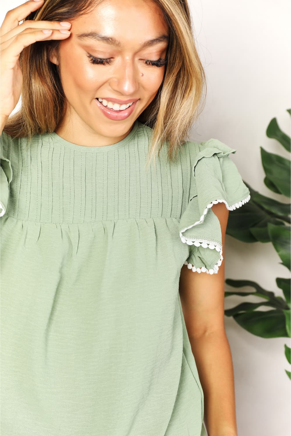 Pleated Detail Flutter Sleeve Blouse - Women’s Clothing & Accessories - Shirts & Tops - 6 - 2024