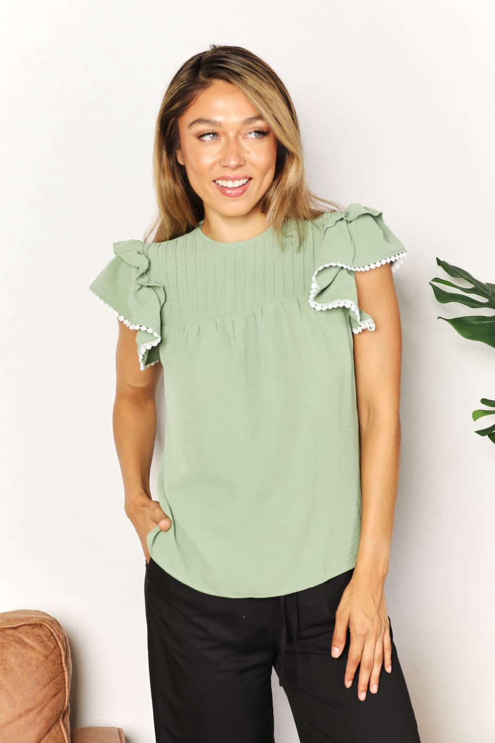 Pleated Detail Flutter Sleeve Blouse - Green / S - Women’s Clothing & Accessories - Shirts & Tops - 1 - 2024
