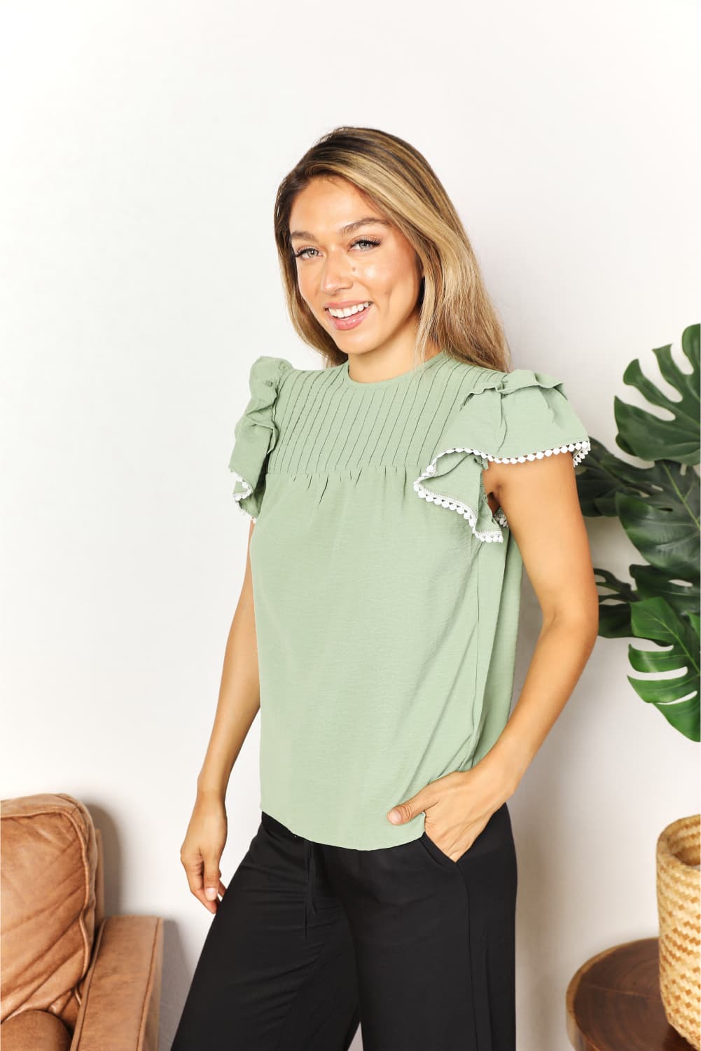 Pleated Detail Flutter Sleeve Blouse - Women’s Clothing & Accessories - Shirts & Tops - 3 - 2024