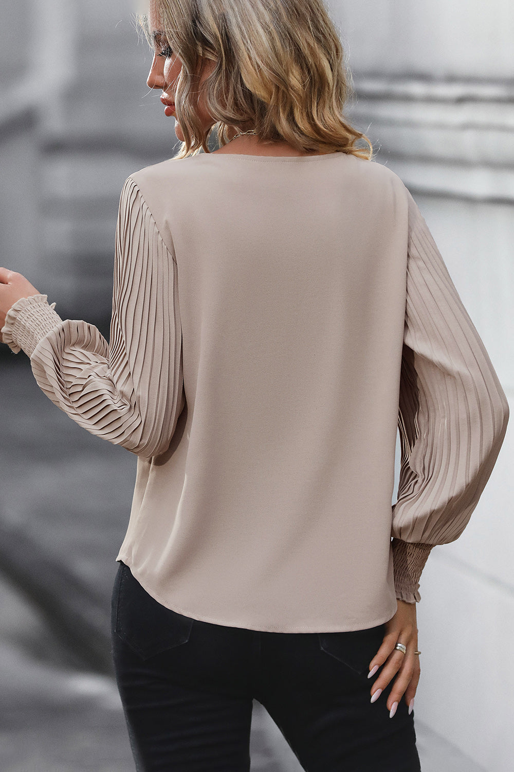 Pleated Lantern Sleeve V-Neck Blouse - Women’s Clothing & Accessories - Shirts & Tops - 2 - 2024
