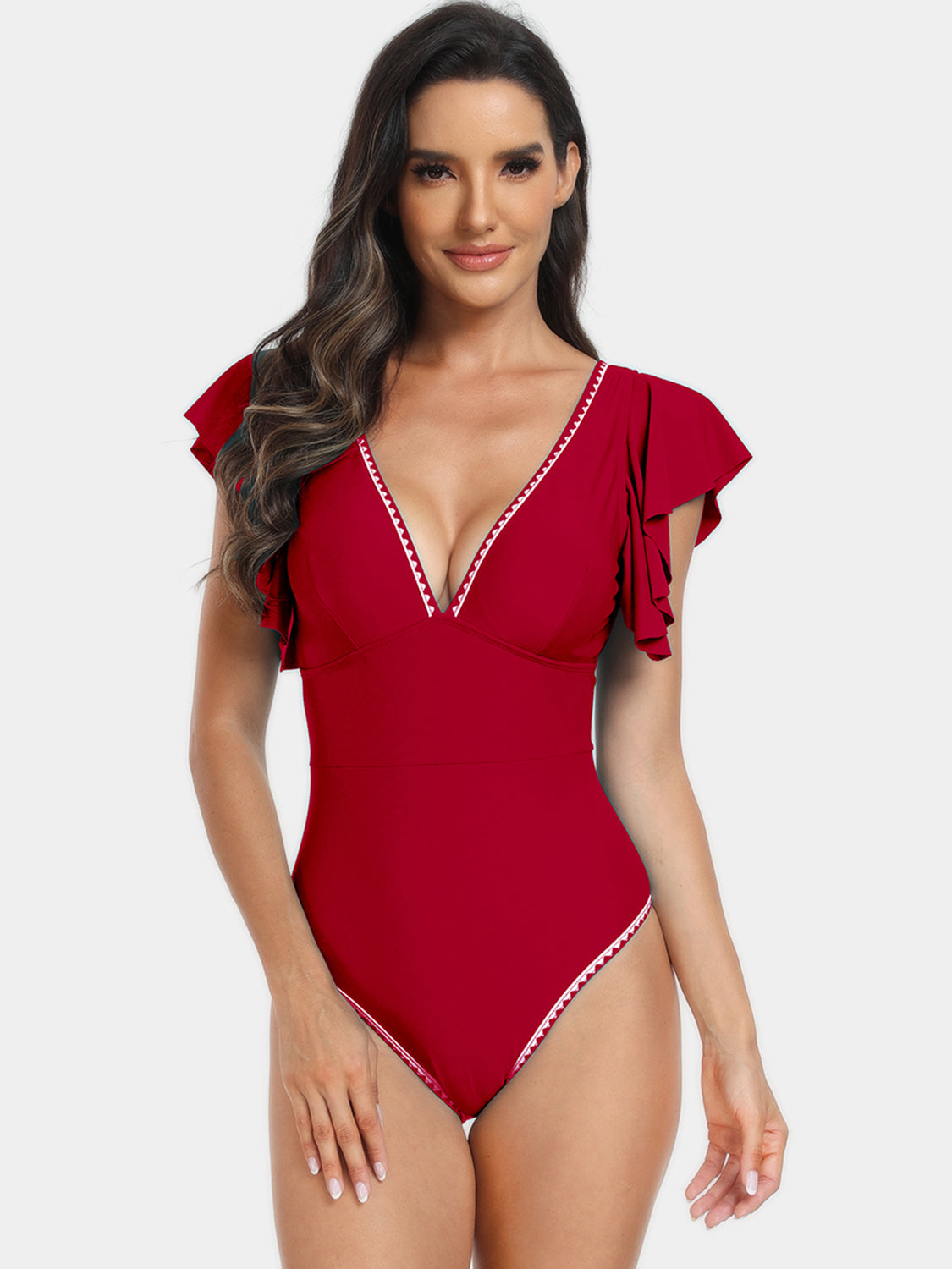 Plunge Cap Sleeve One-Piece Swimwear - Red / S - Women’s Clothing & Accessories - Swimwear - 16 - 2024