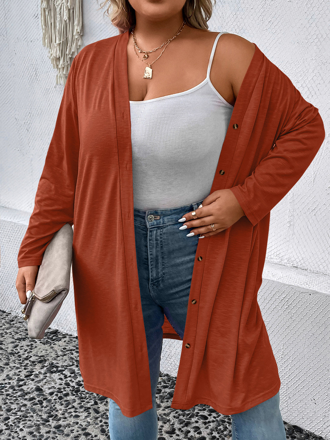 Plus Size Button Down Longline Cardigan - Red / 1XL - Women’s Clothing & Accessories - Shirts & Tops - 4 - 2024
