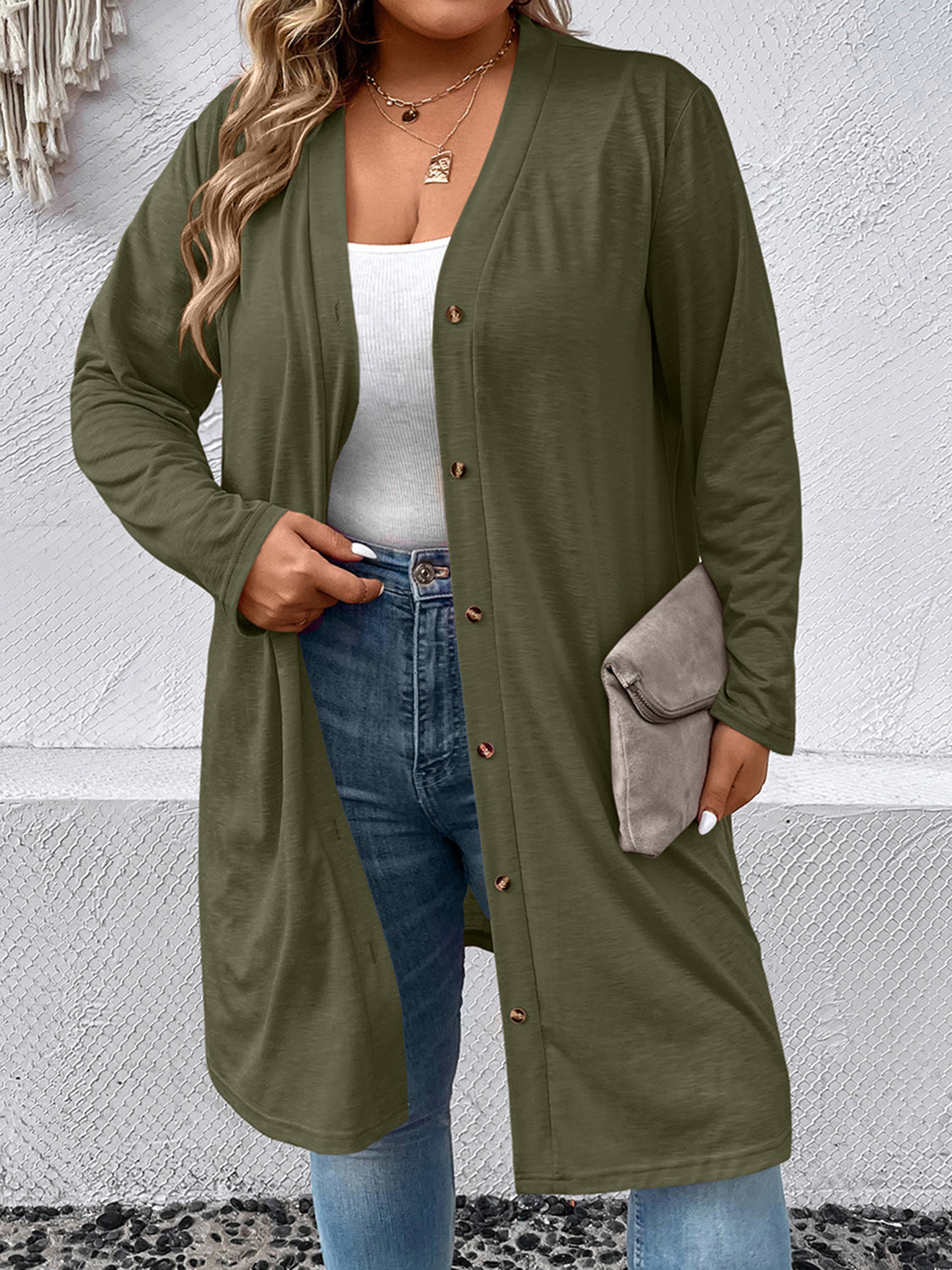 Plus Size Button Down Longline Cardigan - Green / 1XL - Women’s Clothing & Accessories - Shirts & Tops - 7 - 2024