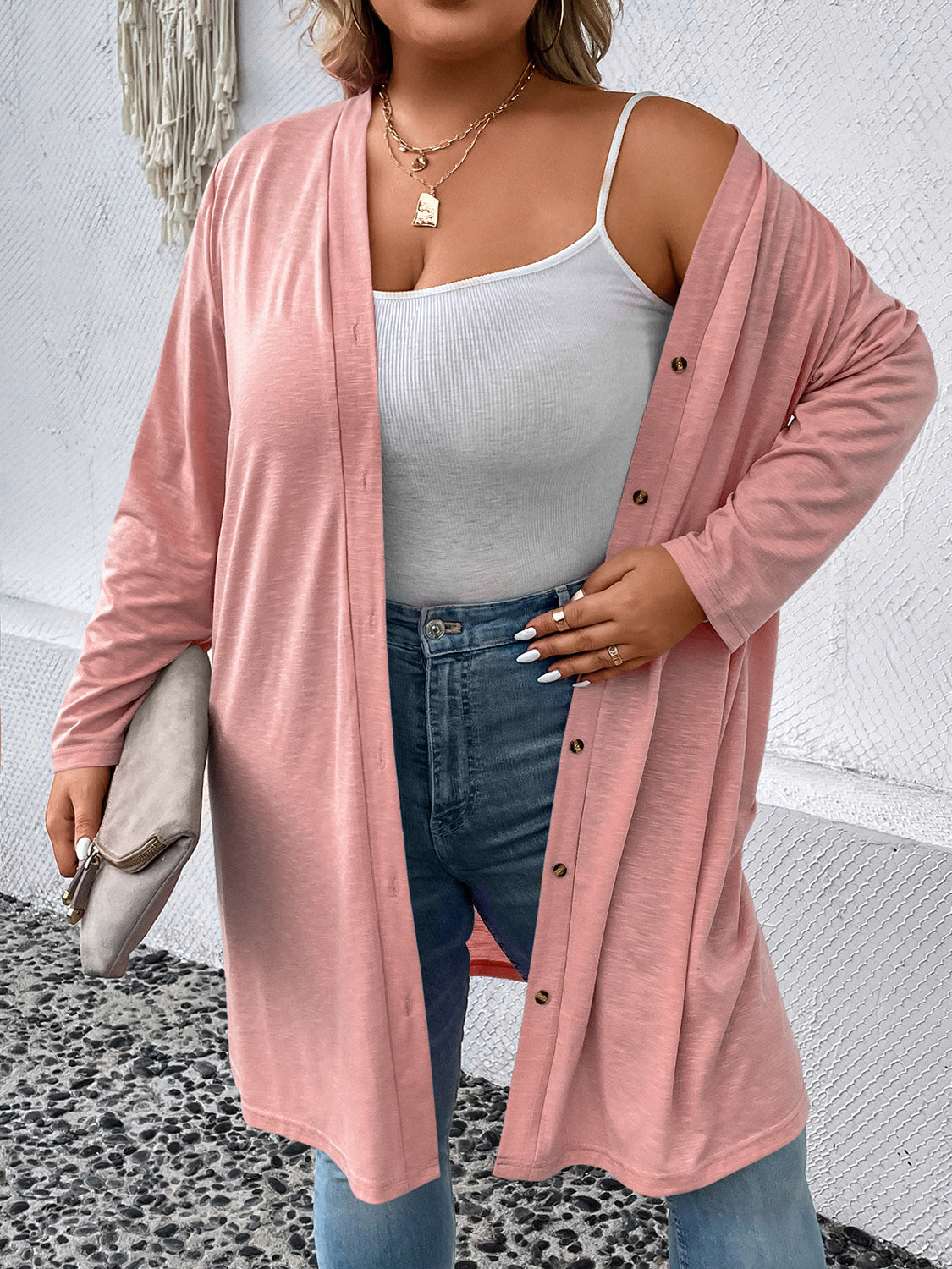 Plus Size Button Down Longline Cardigan - Pink / 1XL - Women’s Clothing & Accessories - Shirts & Tops - 10 - 2024