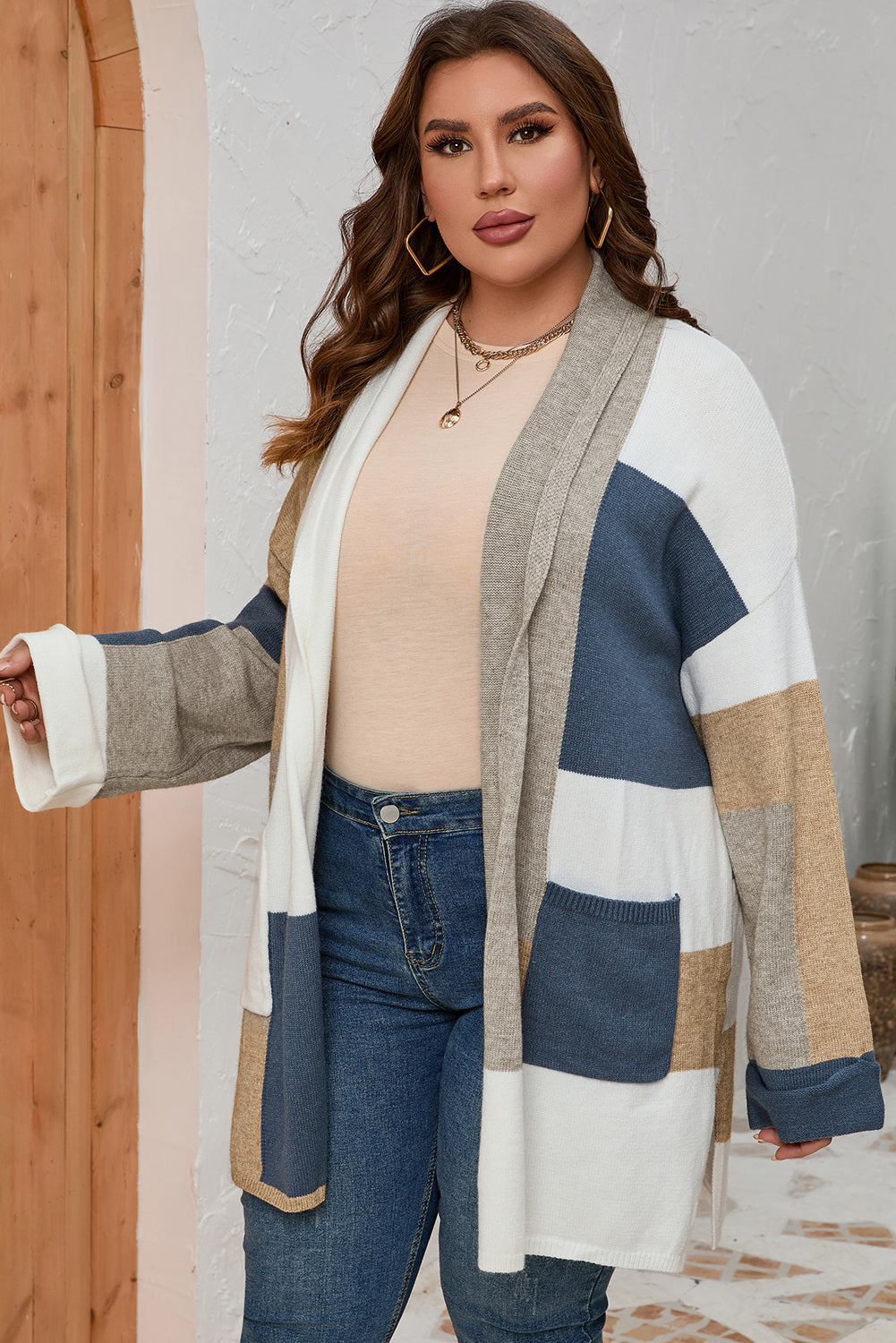 Plus Size Color Block Long Sleeve Cardigan - Multicolor / 1XL - Women’s Clothing & Accessories - Shirts & Tops - 1