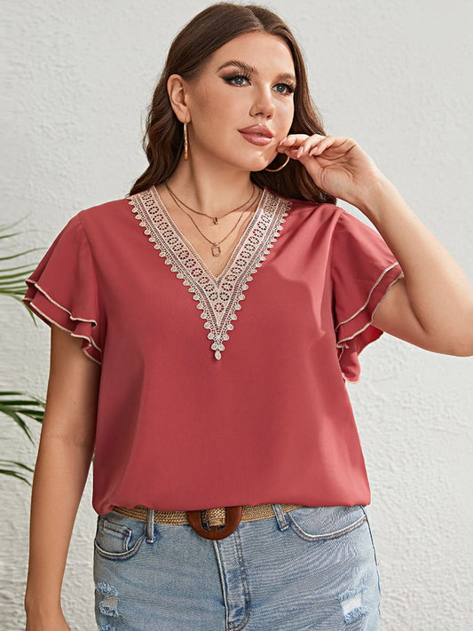 Plus Size Contrast V-Neck Layered Flutter Sleeve Blouse - Burnt Coral / 1XL - Women’s Clothing & Accessories - Shirts