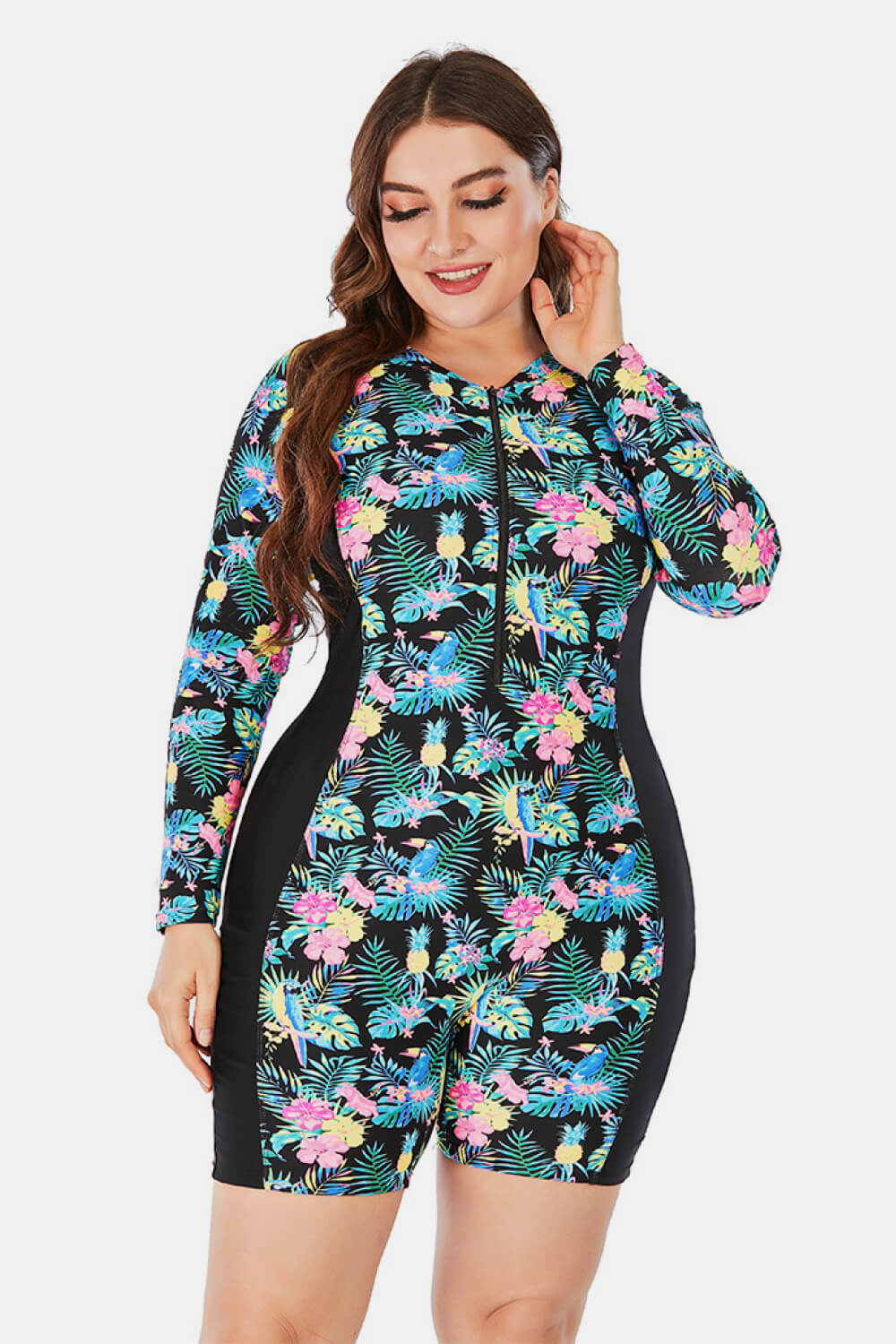 Plus Size Floral Zip Up Long Sleeve Short Wetsuit - Women’s Clothing & Accessories - Swimwear - 2 - 2024