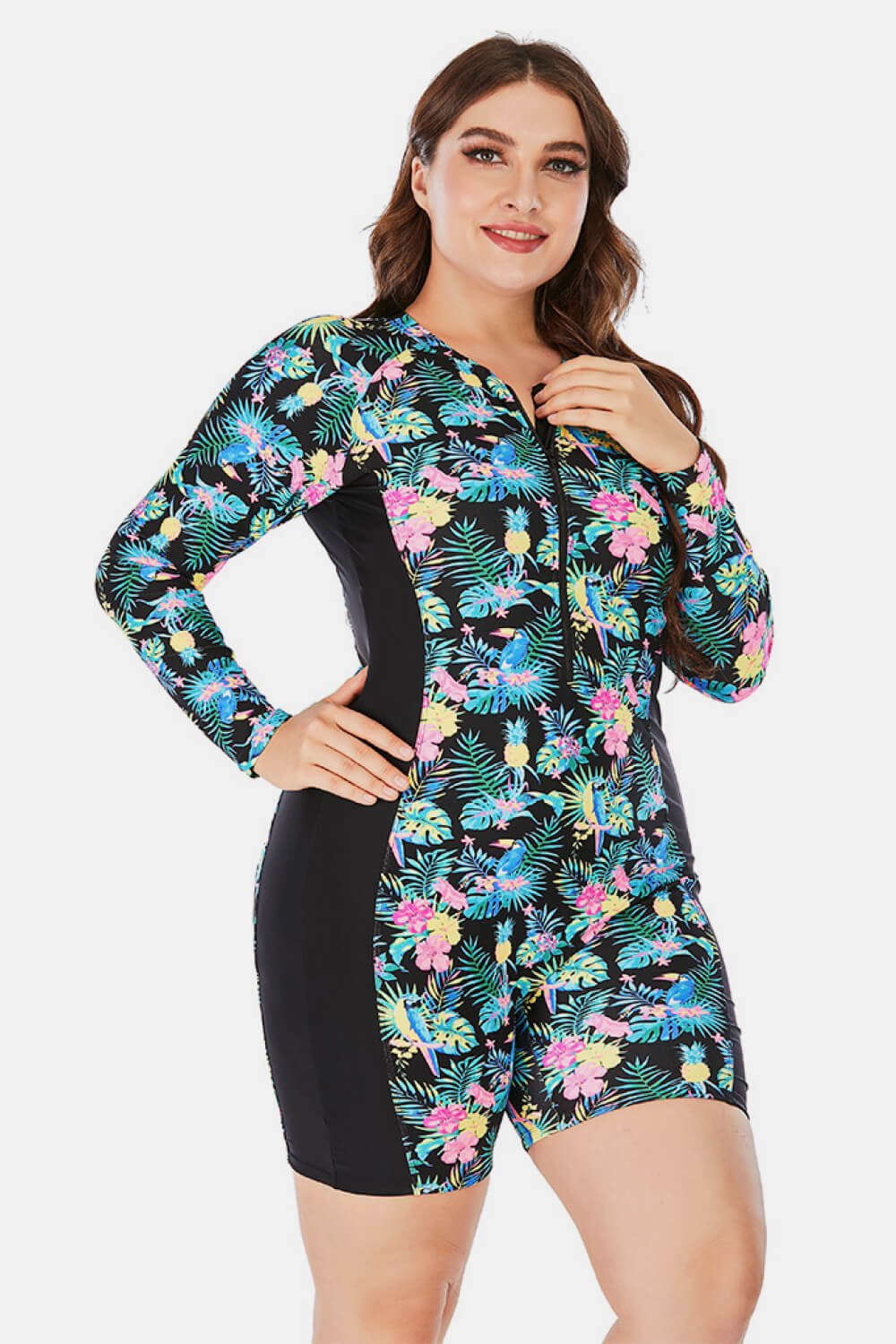 Plus Size Floral Zip Up Long Sleeve Short Wetsuit - Women’s Clothing & Accessories - Swimwear - 3 - 2024