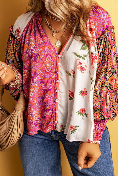 Plus Size Frill Printed V-Neck Long Sleeve Blouse - Multicolor / 1X - Women’s Clothing & Accessories - Shirts & Tops