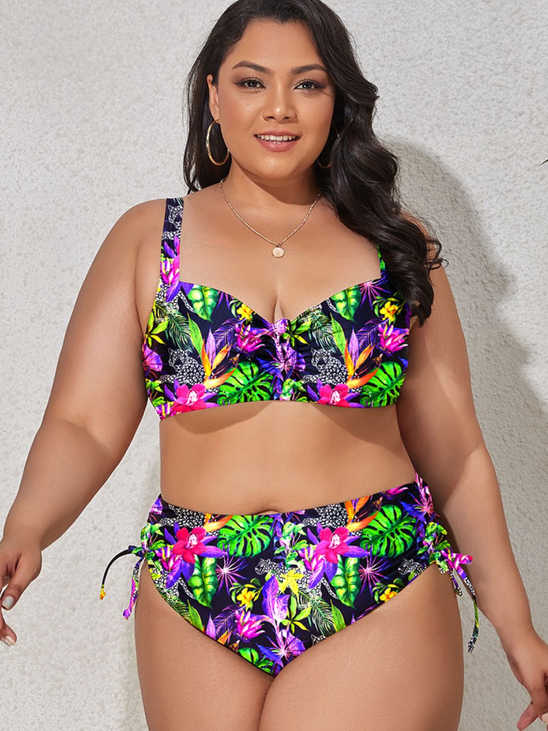 Plus Size Printed Drawstring Detail Bikini Set - Multicolored / L - Women’s Clothing & Accessories - Swimwear - 13