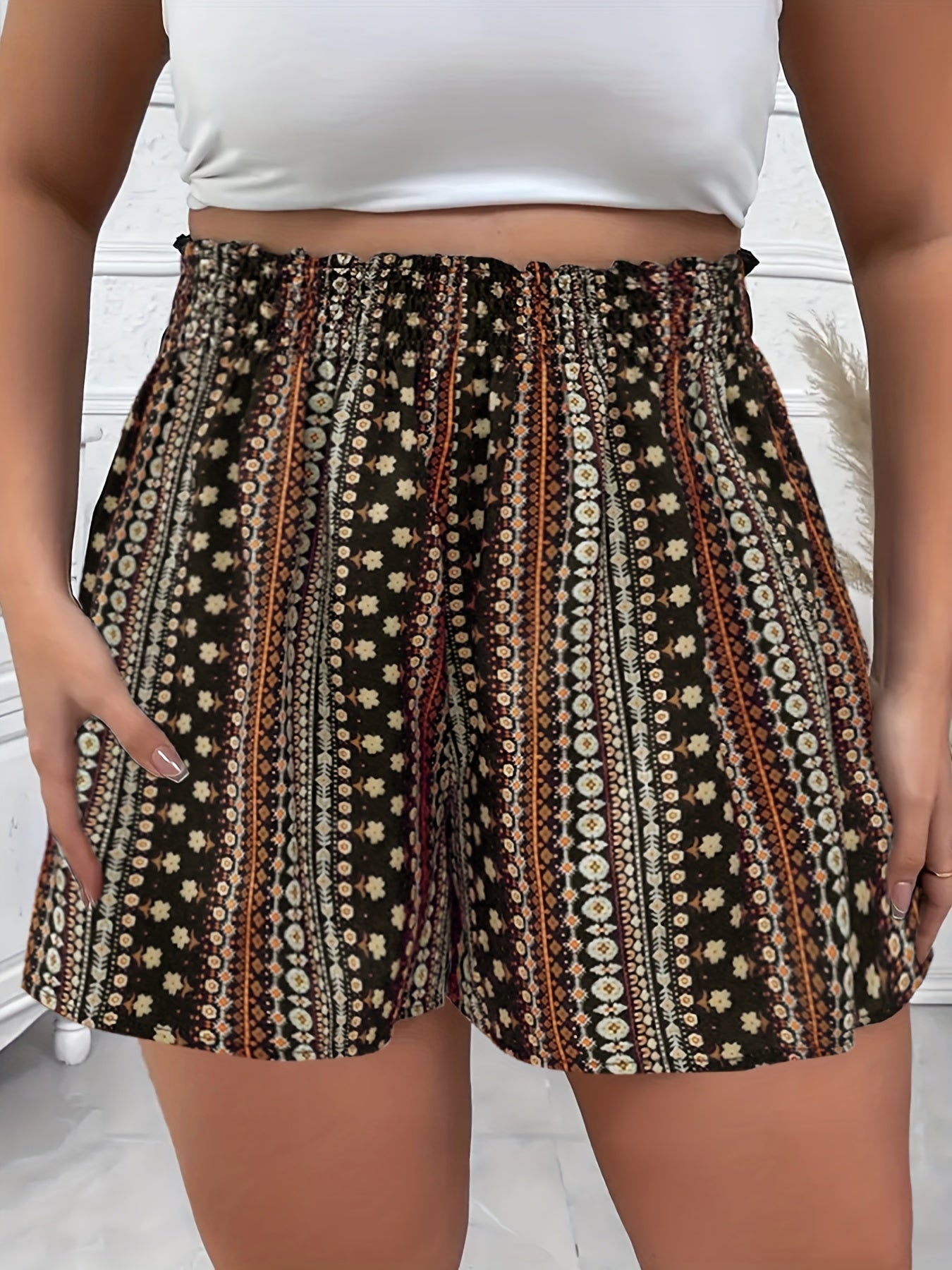 Plus Size Printed High Waist Shorts - Women’s Clothing & Accessories - Shorts - 3 - 2024