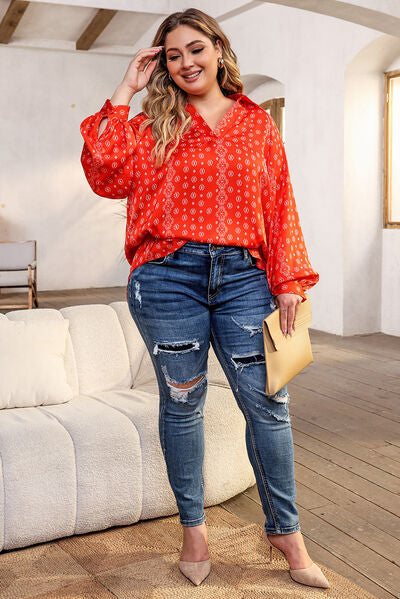 Plus Size Printed Johnny Collar Long Sleeve Blouse - Women’s Clothing & Accessories - Shirts & Tops - 20 - 2024