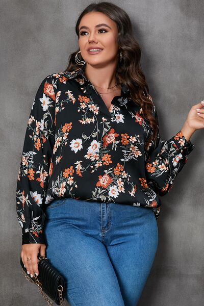 Plus Size Printed Johnny Collar Long Sleeve Blouse - Black / 1XL - Women’s Clothing & Accessories - Shirts & Tops - 6