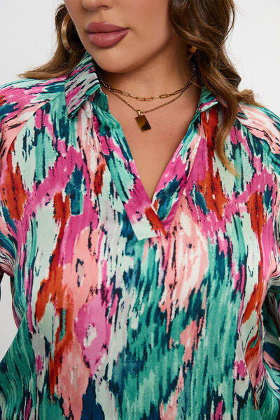 Plus Size Printed Johnny Collar Long Sleeve Blouse - Women’s Clothing & Accessories - Shirts & Tops - 4 - 2024