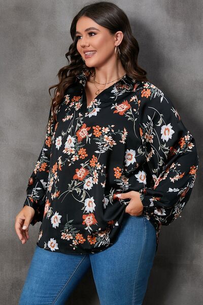 Plus Size Printed Johnny Collar Long Sleeve Blouse - Women’s Clothing & Accessories - Shirts & Tops - 7 - 2024