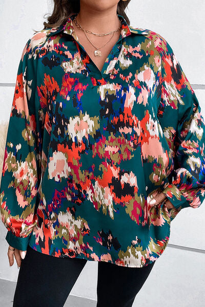 Plus Size Printed Johnny Collar Long Sleeve Blouse - Deep Teal / 1XL - Women’s Clothing & Accessories - Shirts & Tops