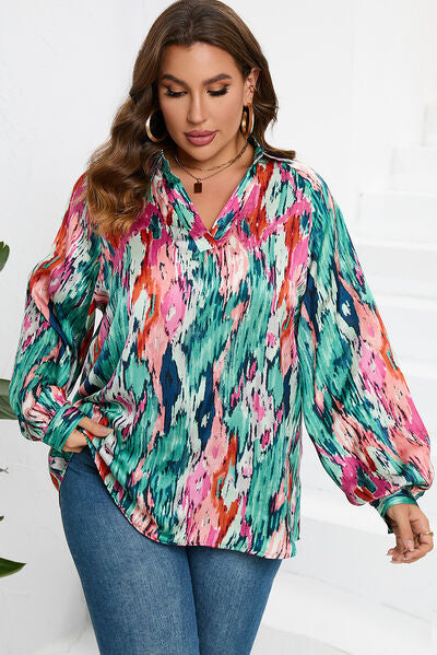 Plus Size Printed Johnny Collar Long Sleeve Blouse - Women’s Clothing & Accessories - Shirts & Tops - 2 - 2024