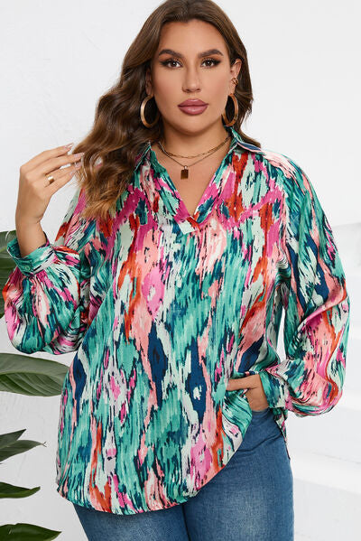 Plus Size Printed Johnny Collar Long Sleeve Blouse - Teal / 1XL - Women’s Clothing & Accessories - Shirts & Tops - 1