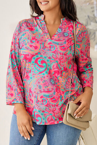 Plus Size Printed Notched Long Sleeve Blouse - Strawberry / 1XL - Women’s Clothing & Accessories - Shirts & Tops - 1