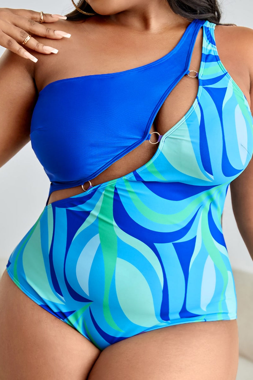 Plus Size Printed Ring Detail One-Shoulder One-Piece Swimsuit - Women’s Clothing & Accessories - Swimwear - 5 - 2024