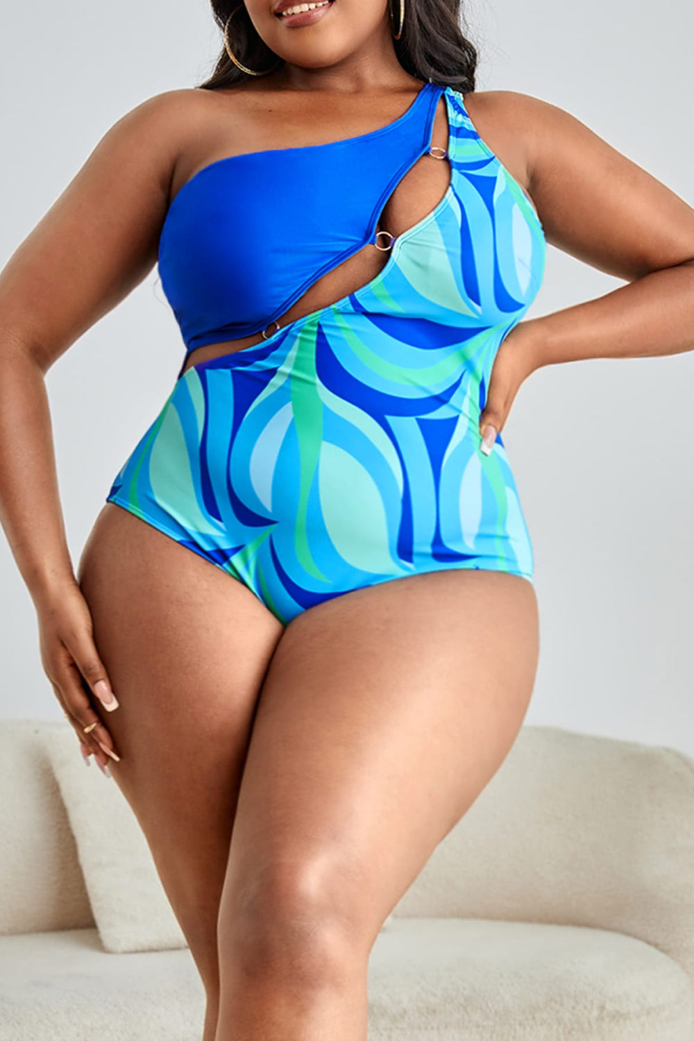 Plus Size Printed Ring Detail One-Shoulder One-Piece Swimsuit - Women’s Clothing & Accessories - Swimwear - 6 - 2024