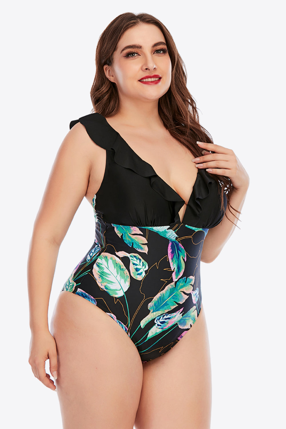 Plus Size Printed Ruffled Deep V One-Piece Swimsuit - Women’s Clothing & Accessories - Swimwear - 3 - 2024