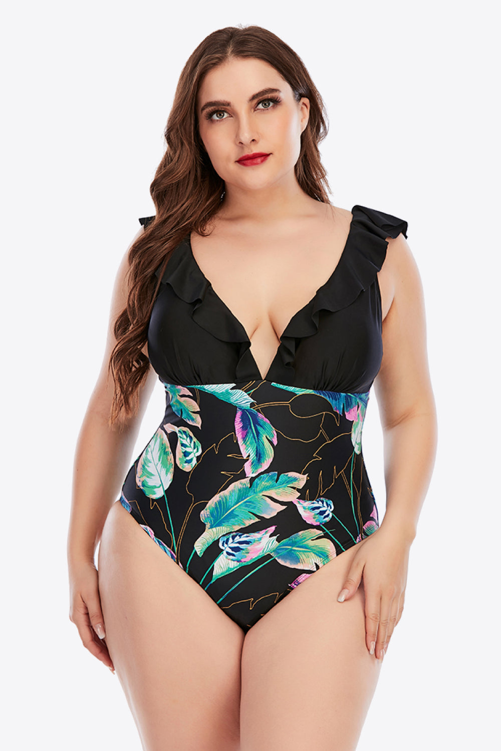 Plus Size Printed Ruffled Deep V One-Piece Swimsuit - Women’s Clothing & Accessories - Swimwear - 4 - 2024