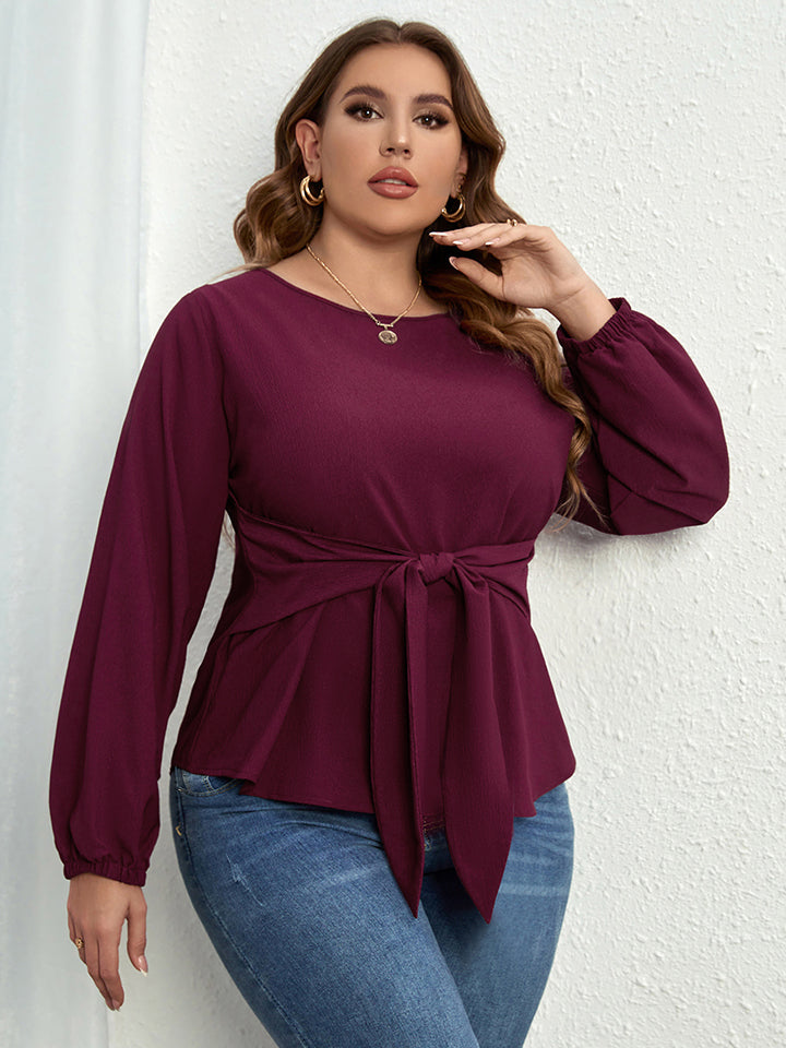 Plus Size Round Neck Tie Waist Long Sleeve Blouse - Women’s Clothing & Accessories - Shirts & Tops - 4 - 2024