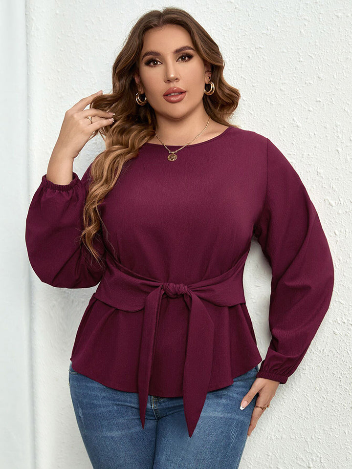 Plus Size Round Neck Tie Waist Long Sleeve Blouse - Dark Red / 1XL - Women’s Clothing & Accessories - Shirts & Tops