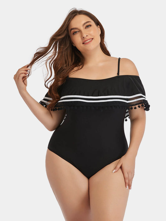 Plus Size Striped Cold-Shoulder One-Piece Swimsuit - Black / L - Women’s Clothing & Accessories - Swimwear - 1 - 2024
