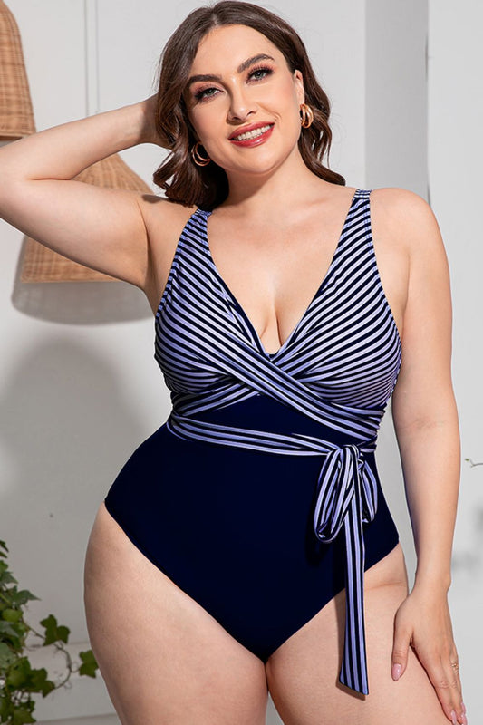 Plus Size Striped Tie-Waist One-Piece Swimsuit - Dark Blue / L - Women’s Clothing & Accessories - Swimwear - 1 - 2024
