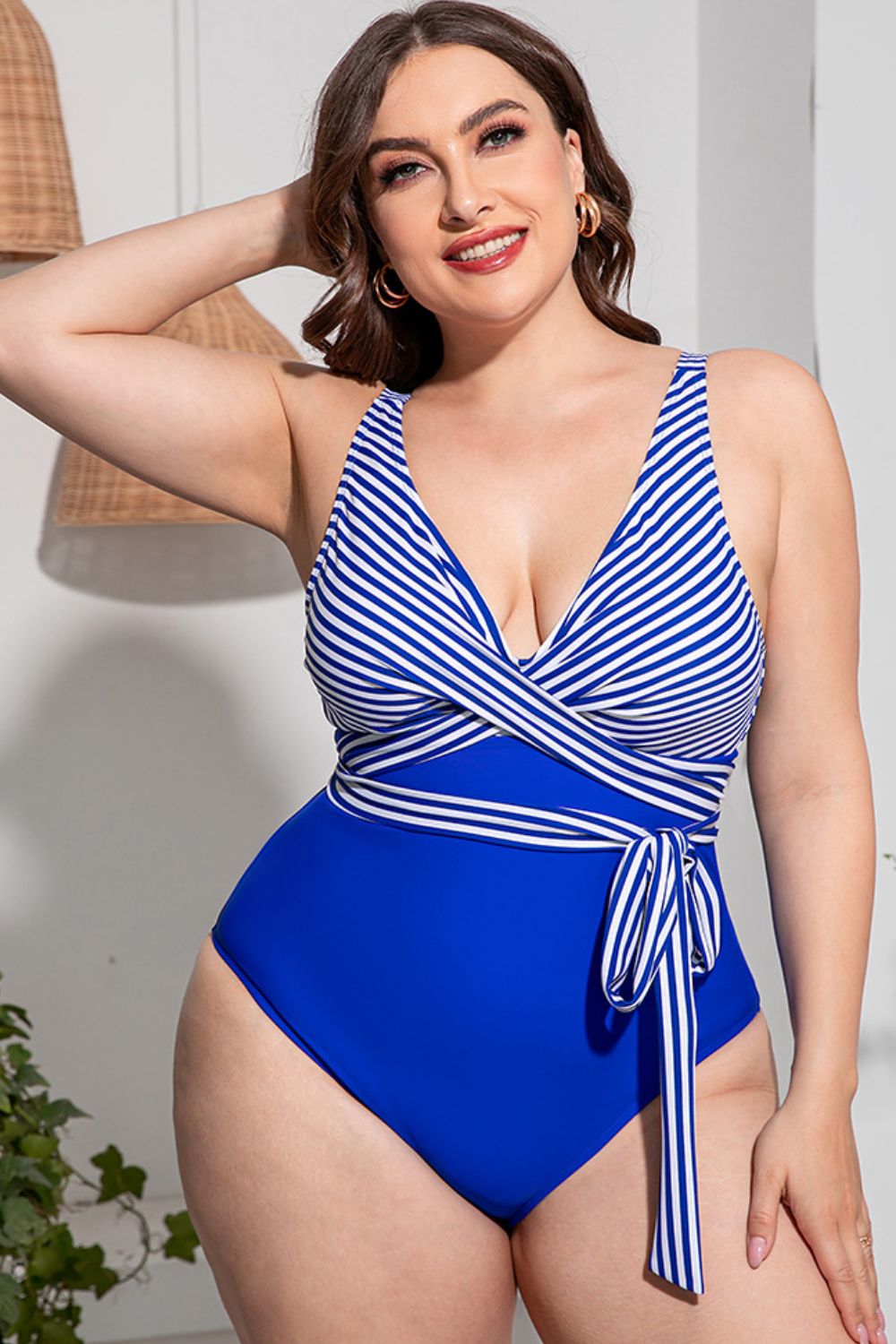 Plus Size Striped Tie-Waist One-Piece Swimsuit - Blue / L - Women’s Clothing & Accessories - Swimwear - 4 - 2024